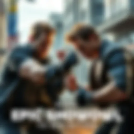 Johnny Cage vs Ken Masters Live Action Showdown Johnny Cage and Ken Masters engage in a fierce fight scene with intense expressions and dynamic poses, set in an urban environment