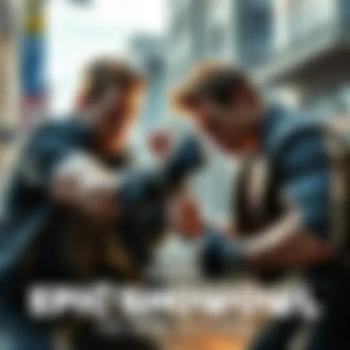 Johnny Cage vs Ken Masters Live Action Showdown Johnny Cage and Ken Masters engage in a fierce fight scene with intense expressions and dynamic poses, set in an urban environment