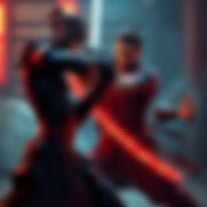 JohnnyBoyColleX performs dynamic sword fight moves against Oda, showcasing exceptional choreography and creativity.