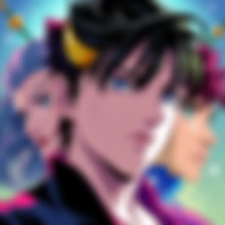 Illustration of JoJo characters by Mitsutoshi Shimabukuro featuring Enya and other familiar faces with vibrant colors and unique styles.