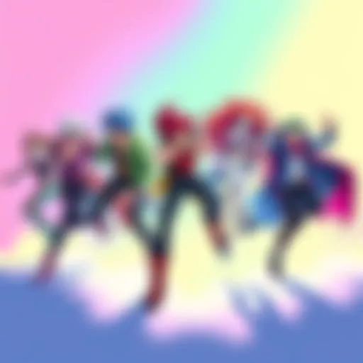 An illustration showcasing various JoJo-inspired art styles with colorful characters and dynamic poses