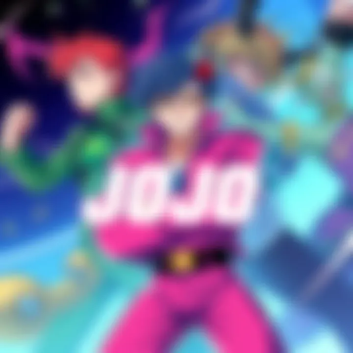 Key JoJo Characters A vibrant illustration of iconic JoJo characters Yasuho, Josuke, and Diavolo in dynamic poses, showcasing their unique styles and expressions.