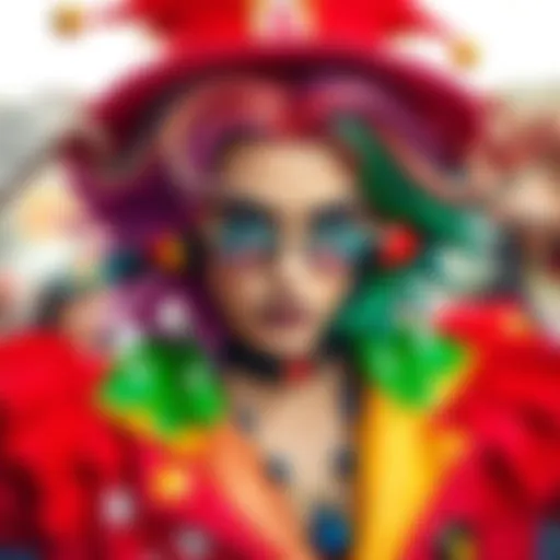 A person in colorful JoJo cosplay costume, showcasing vibrant designs and stylish accessories.