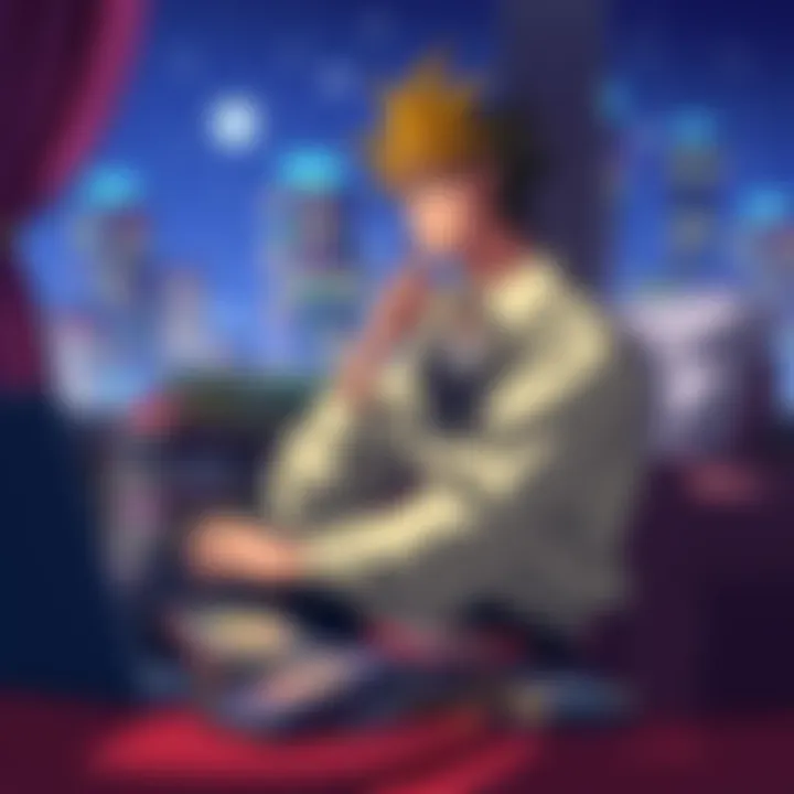 A JoJo fan sitting with anime DVDs and a laptop, looking thoughtful about rewatching previous series episodes or watching OVAs before Steel Ball Run.