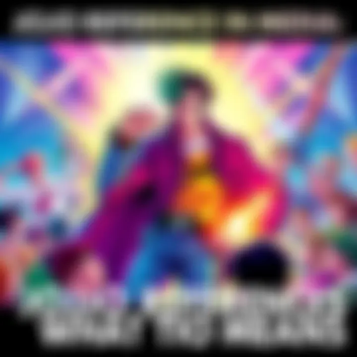 Colorful illustration of a popular JoJo character with dramatic pose, surrounded by fans discussing its impact in pop culture.