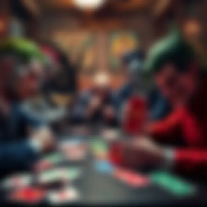 Iconic JoJo villains gathered around a table, intensely focused as they play a game of Uno with colorful cards spread out, showing their unique personalities through expressions and actions.