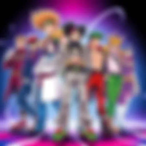 Colorful illustration of main characters from Jojo's Bizarre Adventure with unique poses and stands