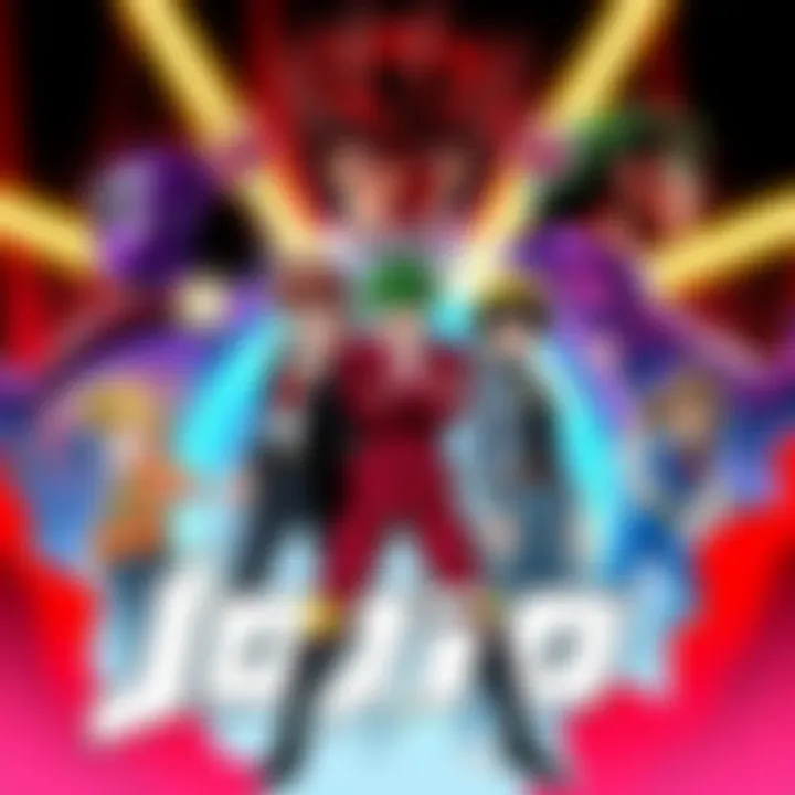 A vibrant poster showcasing main characters from Jojo's Bizarre Adventure OVA, featuring dynamic poses and unique outfits