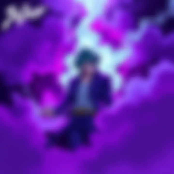 An illustration featuring a character from JoJo's Bizarre Adventure surrounded by purple smoke, showcasing action and adventure elements.