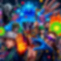 A colorful collage featuring characters and symbols from JoJo's Bizarre Adventure and modern memes