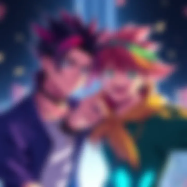 Two JoJo's characters showcasing a strong friendship bond with playful expressions and dynamic poses, emphasizing their unique relationship.