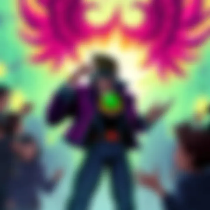 A character from JoJo's Jojolands showcasing a unique and powerful ability, surrounded by excited fans discussing its impact.