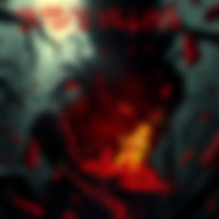 A dark, intense scene showcasing a JoJo villain surrounded by chaos, with a shadowy background symbolizing calamity
