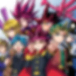 A colorful illustration showing characters from JoJo's Bizarre Adventure alongside a humorous take on Yu-Gi-Oh 4Kids dub style, with playful expressions and exaggerated poses.