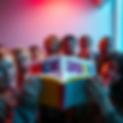 A colorful open joke book surrounded by people making cringe faces and laughing awkwardly at jokes