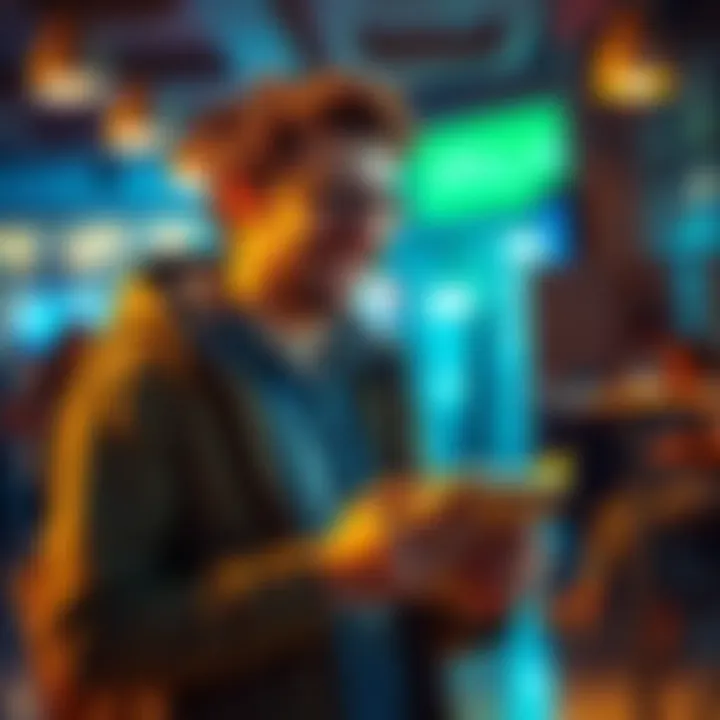 A person with a notepad, laughing while collecting funny jokes in a lively setting.