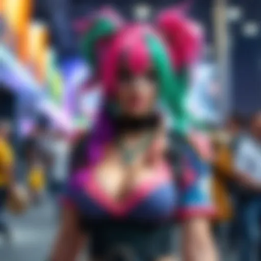 A person dressed as Jolyne, showcasing a colorful outfit and vibrant hair at PAX event