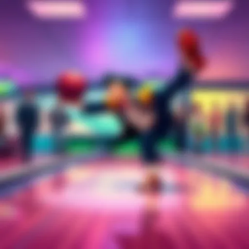 Jotaro throwing a bowling ball in a lively bowling alley with friends cheering in the background