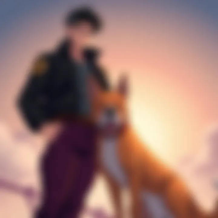 Jotaro is standing confidently beside his dog Iggy, showcasing their strong bond in Araki's art style.