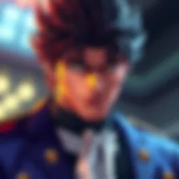 Jotaro Kujo stands confidently in his iconic outfit with a stern expression, showcasing his unique style and presence among fans.
