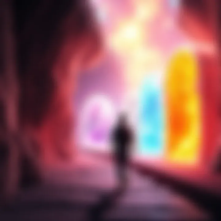 Journey through different universes A traveler walking through vibrant portals representing different universes