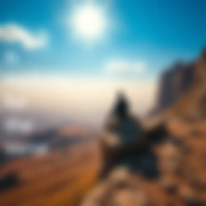 A person sitting on a rocky cliff, looking out over a vast landscape of rolling hills and a bright sky, representing creativity in verse.