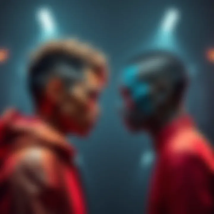 Joyboy and Imu Facing Each Other Joyboy and Imu stand face to face, showcasing the intensity of their connection, with Imu showing a distressed expression, symbolizing his psychological struggles.