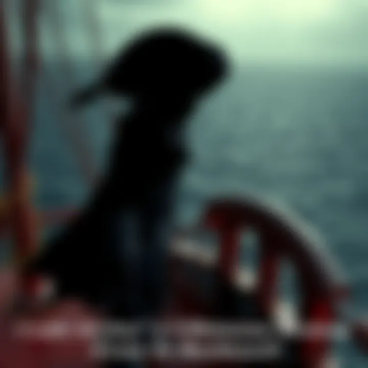 Joyboy the Pirate A shadowy figure resembling Joyboy stands on a pirate ship, looking out at a dark ocean, symbolizing a potential connection to villainous pirates like Blackbeard.
