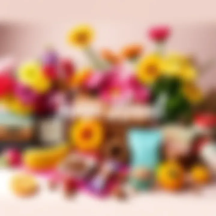 A collection of colorful items representing small joys and experiences enjoyed in June, including flowers, books, and delicious snacks.
