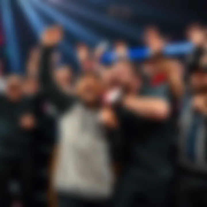 A group of excited fans cheering and hugging each other after their favorite fighter wins a match