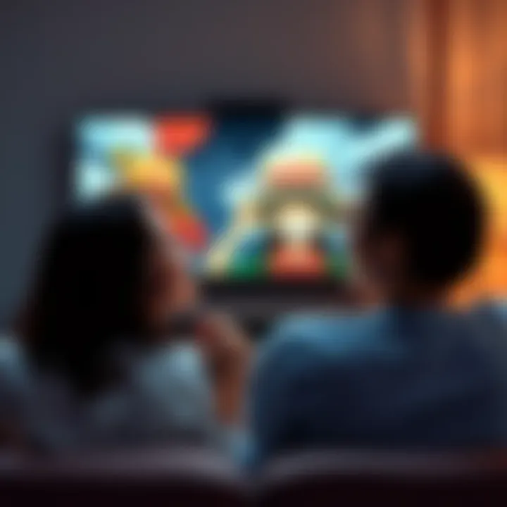 A couple sharing laughter while watching One Piece together, with a focus on the character Condoriano on the screen, capturing a joyful moment.