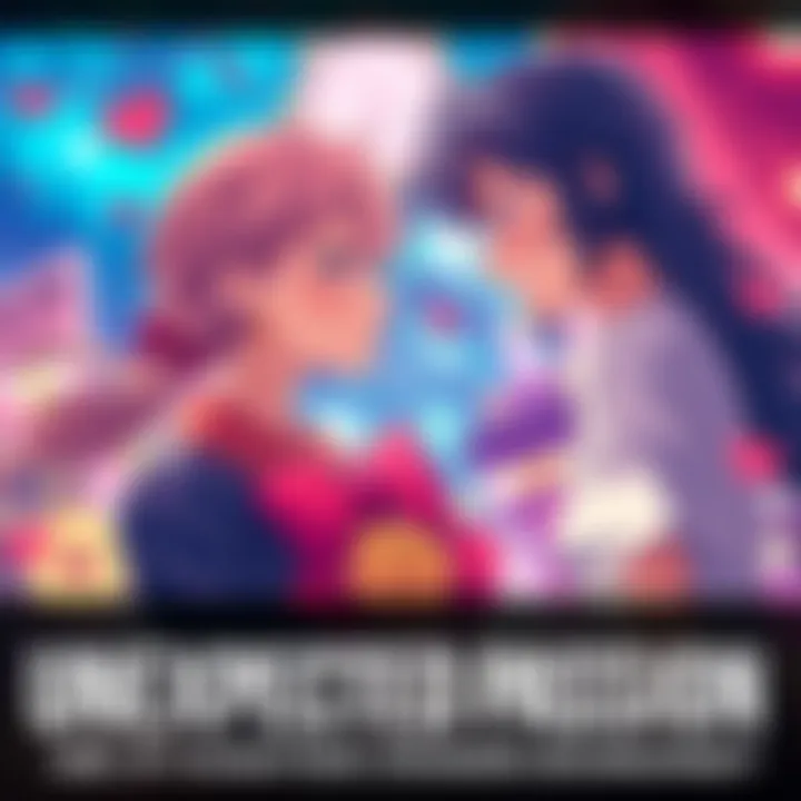 JP characters expressing emotions Animated characters showing passion and desire towards each other in a colorful scene