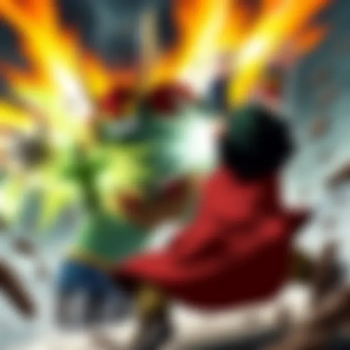 A fierce battle scene showing Juggernaut charging forward with immense strength while Deku prepares to unleash his powerful attack, set in a dynamic and dramatic background.