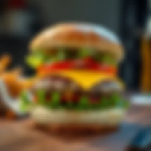 A close-up of a freshly made burger with lettuce, cheese, and a toasted bun, showcasing its deliciousness