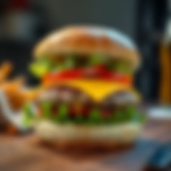 A close-up of a freshly made burger with lettuce, cheese, and a toasted bun, showcasing its deliciousness