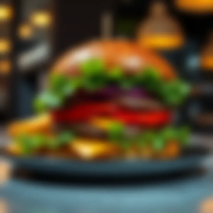 A close-up of a juicy hamburger with fresh lettuce, tomato, and cheese on a plate