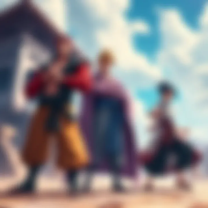 Gojo, Sukuna, and Yuta from jujutsu stand together in a vibrant One Piece world, showcasing their unique powers and fighting poses.