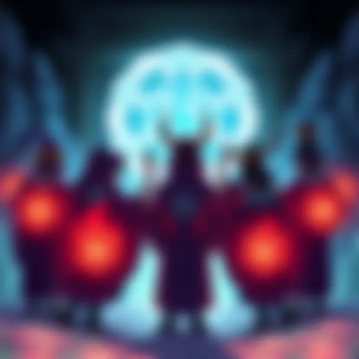 Illustration showing a group of sorcerers discussing the conditions for bans at the Jujutsu headquarters, with symbols representing cursed energy around them.