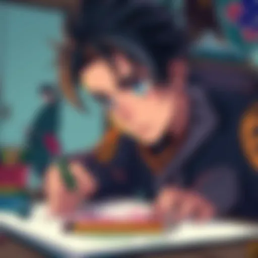 An artist creating drawings of Jujutsu Kaisen characters with colorful markers and pencils