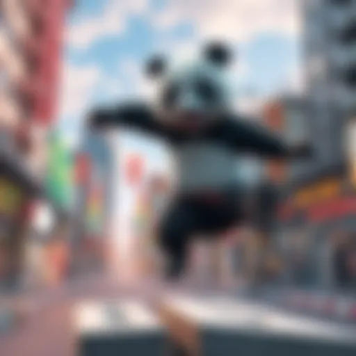 A playful panda character performing parkour tricks, set against a vibrant city background, representing the fun moments from Jujutsu Kaisen Season 1.