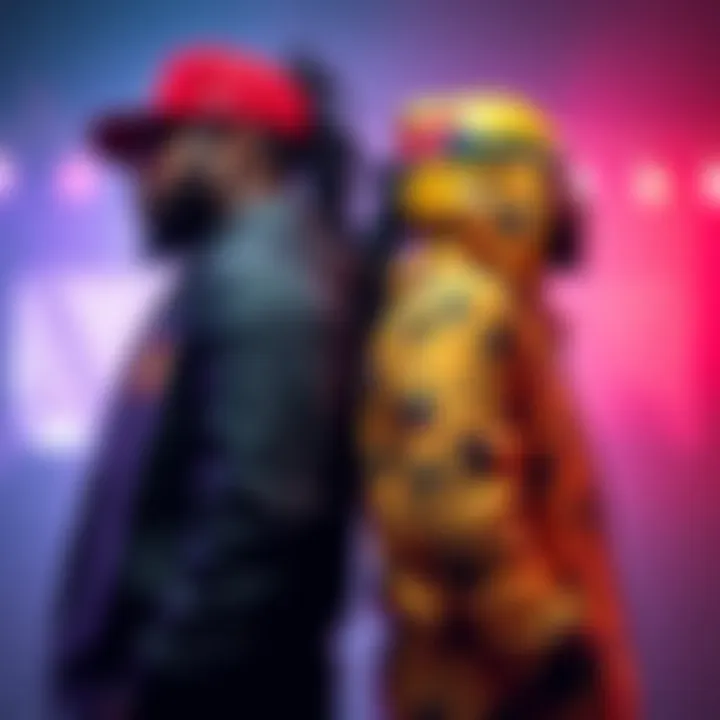 Julius and Waka Facing Off Julius and Waka standing back to back, showcasing their differences in style and personality, with a vibrant background representing the community impact of both figures.