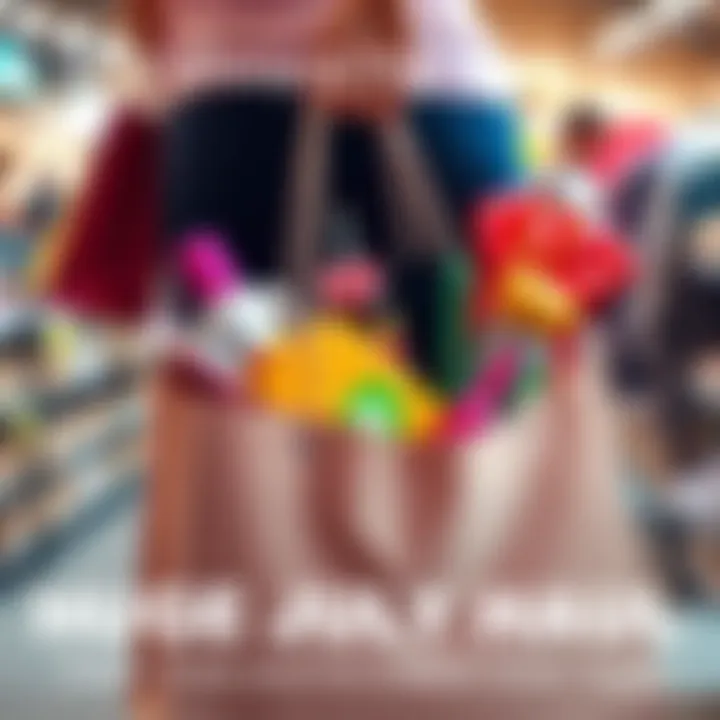 A person holds a shopping bag filled with new products and deals for July.