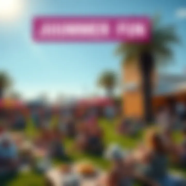 A vibrant scene showcasing people enjoying various summer activities like picnics, festivals, and outdoor concerts under the sun.