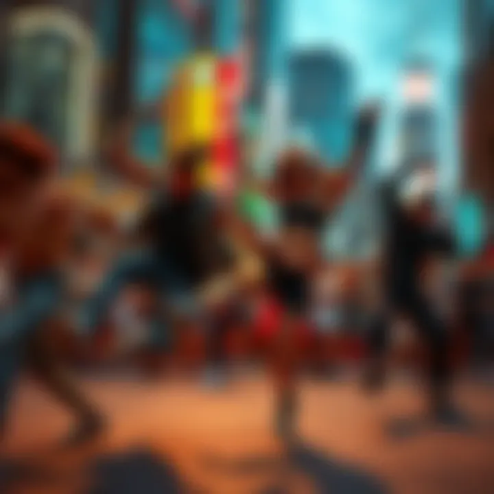 A group of dancers showcasing Jumpstyle Satono moves in a lively urban setting, surrounded by an enthusiastic crowd.