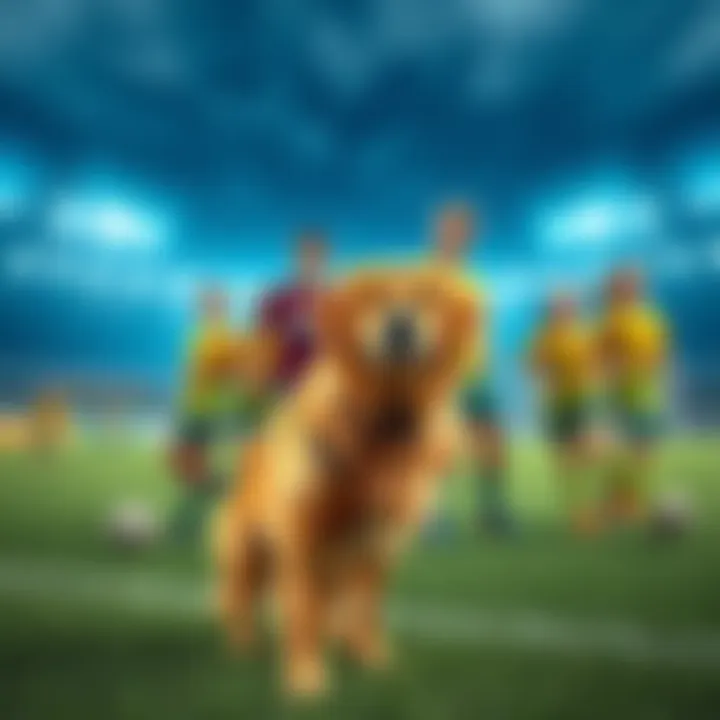 A soccer field with a golden retriever playing next to a group of players representing Juniper League and Team Justice, showcasing teamwork and sportsmanship.