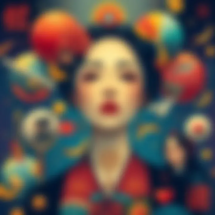 An artistic depiction of Junko surrounded by various art forms and cultural symbols, highlighting her impact on society and contemporary culture.