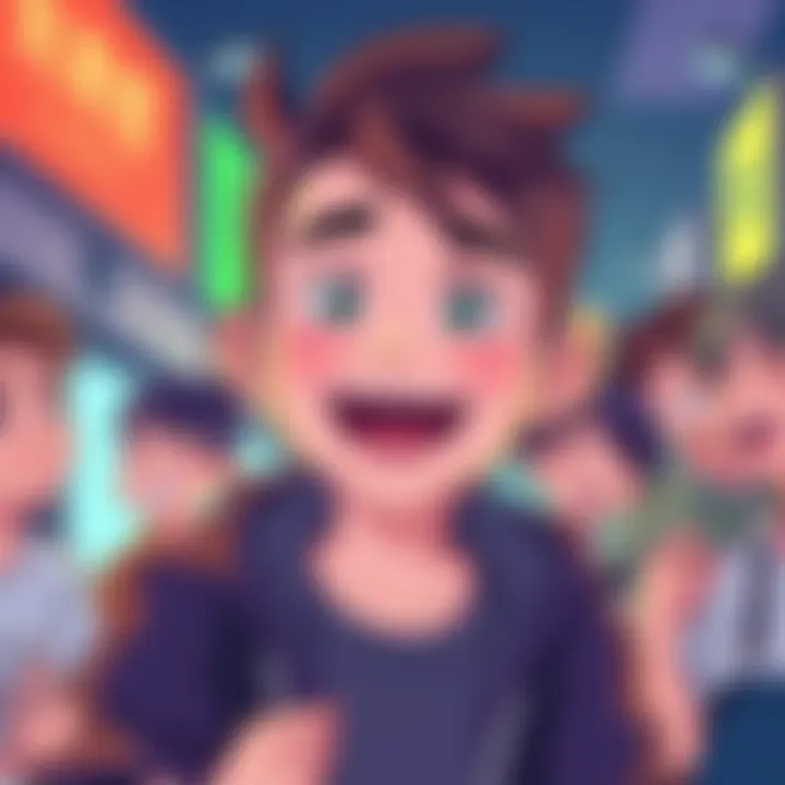 A cartoon depiction of Junpei, a humorous character with quirky features, surrounded by laughter and playful comments in forums.