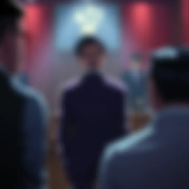 Junpei stands nervously in a courtroom setting, facing Higuruma, surrounded by intense scrutiny and tension, symbolizing the high stakes of his trial.