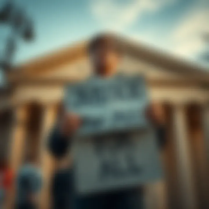A determined individual advocating for crime accountability, holding a sign that reads 'Justice for All' in front of a courthouse