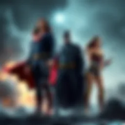 The Justice League characters including Superman, Batman, and Wonder Woman, standing together in a powerful pose, symbolizing teamwork and heroism.